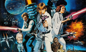 Pôster clássico de Star Wars com personagens como Luke Skywalker, Princesa Leia, Han Solo, Darth Vader, Chewbacca, C-3PO e R2-D2 em estilo retrô, ícone da cultura geek.